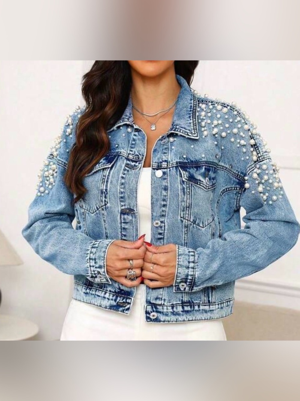 Western Denim Jacket Pearl-Embellished Light Blue Denim Jacket - Women
